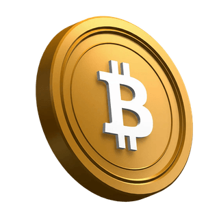 Na seção de destaque do design, moeda Bitcoin (BTC) aparece inclinada